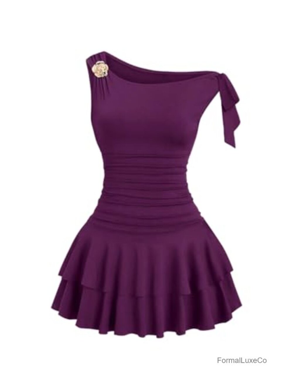 Floerns Off Shoulder Sleeveless Mini Dress with Metal Floral Tie Side Tiered